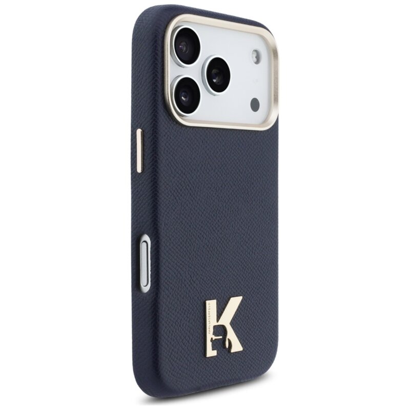 Husa iPhone 17 Pro Karl Lagerfeld Hardcase Leather MagSafe, K Head Logo, albastru