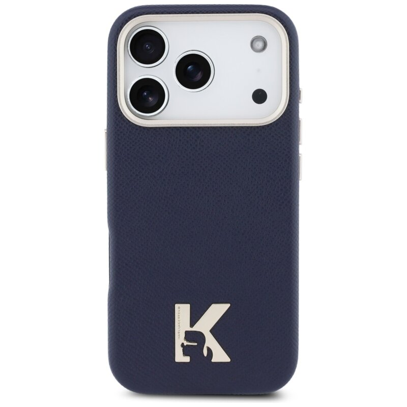 Husa iPhone 17 Pro Karl Lagerfeld Hardcase Leather MagSafe, K Head Logo, albastru