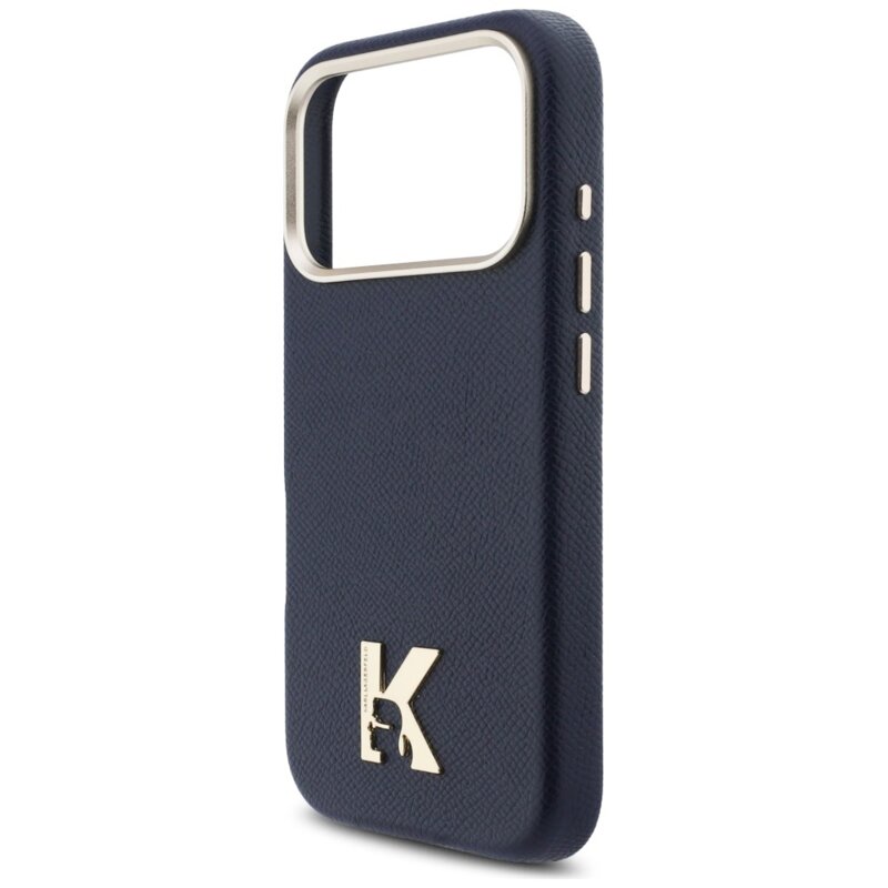 Husa iPhone 17 Pro Karl Lagerfeld Hardcase Leather MagSafe, K Head Logo, albastru