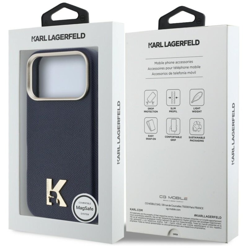 Husa iPhone 17 Pro Karl Lagerfeld Hardcase Leather MagSafe, K Head Logo, albastru