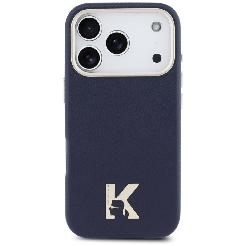 Husa iPhone 17 Pro Max Karl Lagerfeld Hardcase Leather MagSafe, K Head Logo, albastru