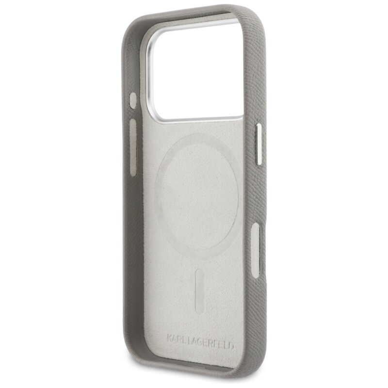 Husa iPhone 17 Pro Max Karl Lagerfeld Saffiano MagSafe, K&C Heads Pin, gri