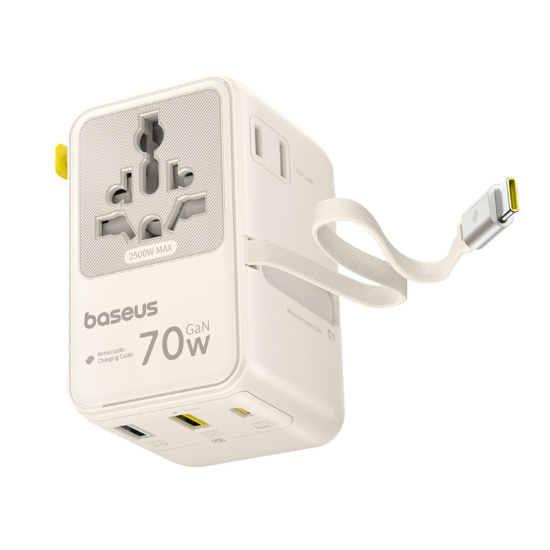 Adaptor retea universal GaN cu cablu Baseus, alb, E0307E01