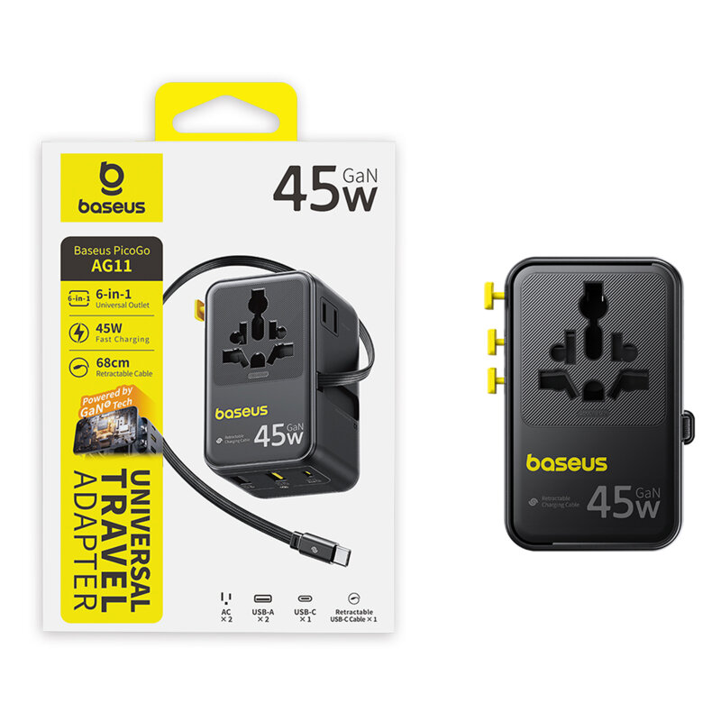 Adaptor de retea 45W cu cablu Type-C Baseus, negru, E0307F00