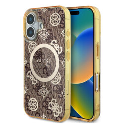 Husa iPhone 16 originala Guess IML Peony On 4G Background MagSafe, maro, GUHMP16SH4PYEEW