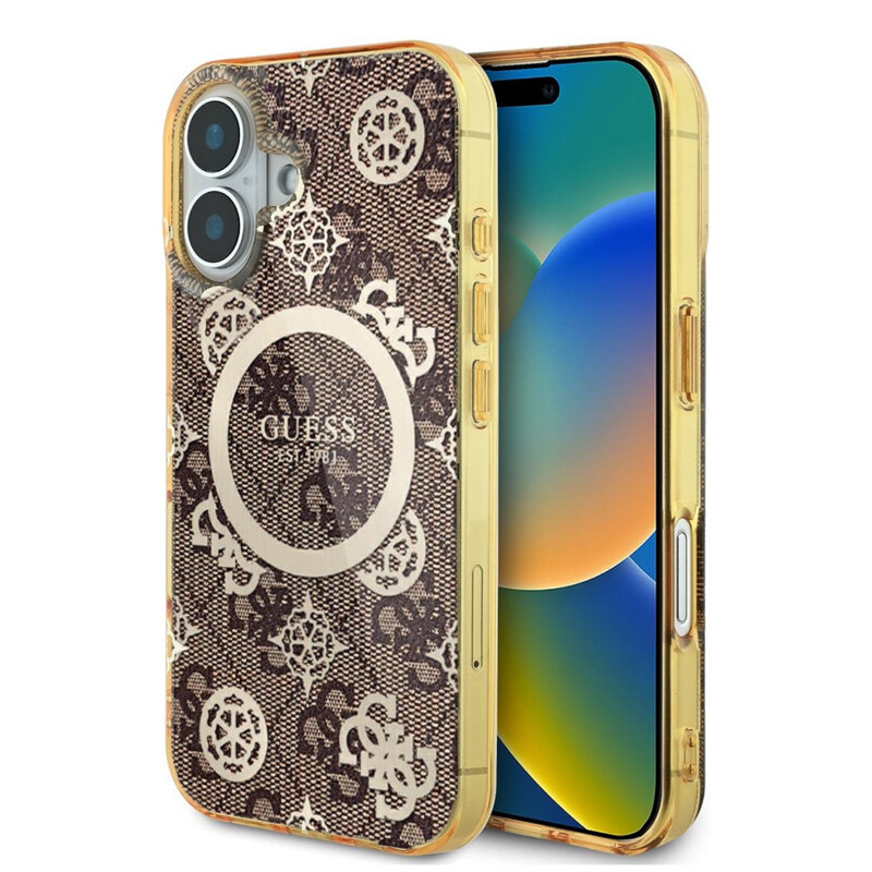 Husa iPhone 16 originala Guess IML Peony On 4G Background MagSafe, maro, GUHMP16SH4PYEEW