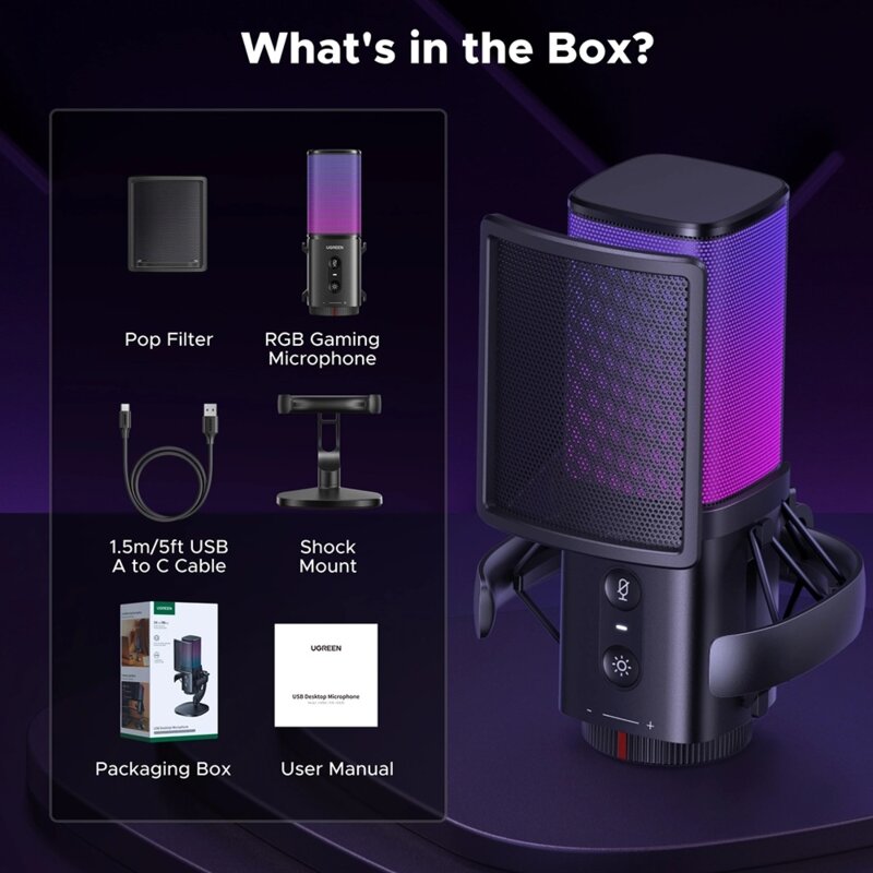 Microfon profesional birou cu lumini RGB Ugreen, USB, 65629