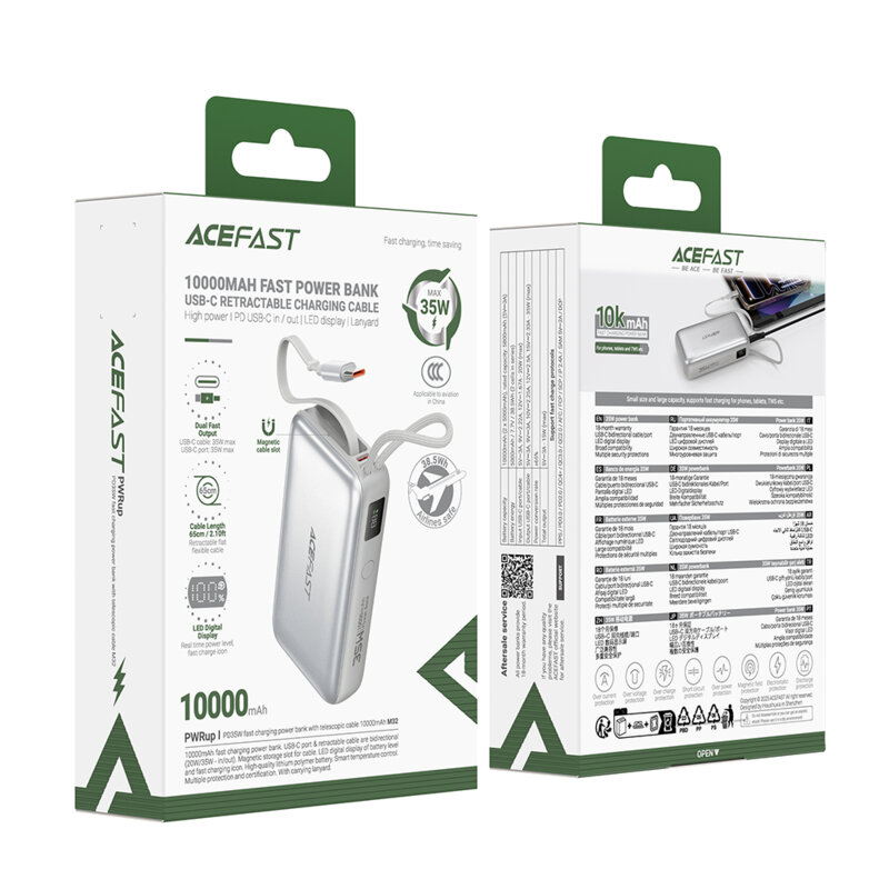 Power bank cu cablu telescopic 35W Acefast M32, 10000mAh, argintiu