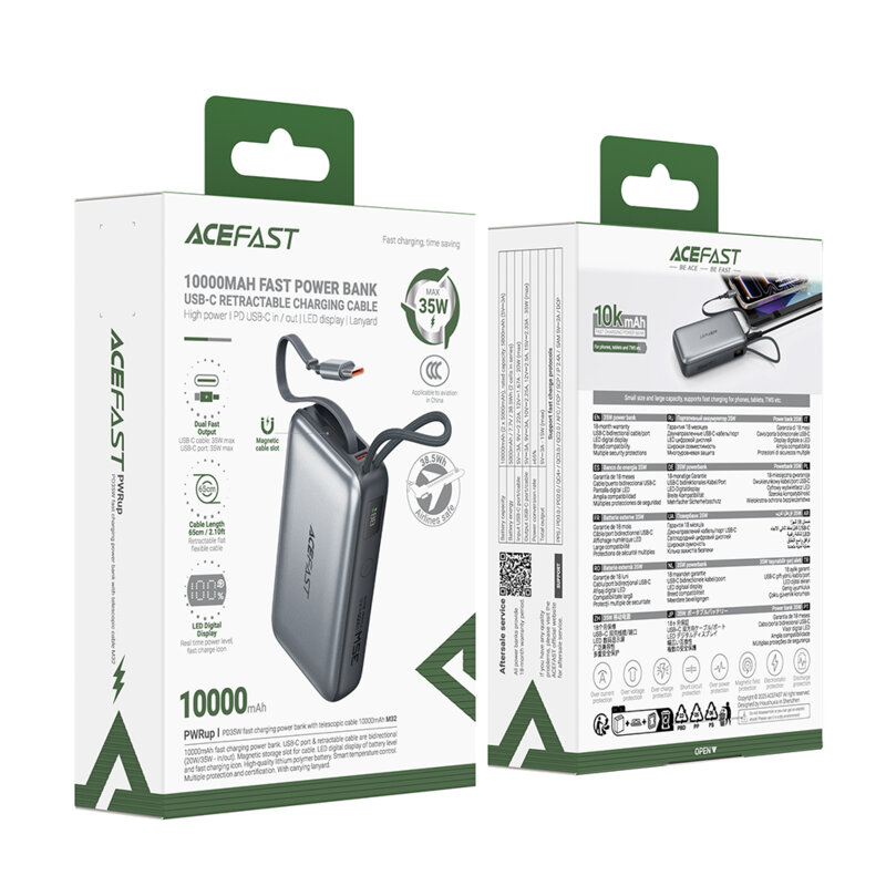 Power bank cu cablu telescopic 35W Acefast M32, 10000mAh, gri