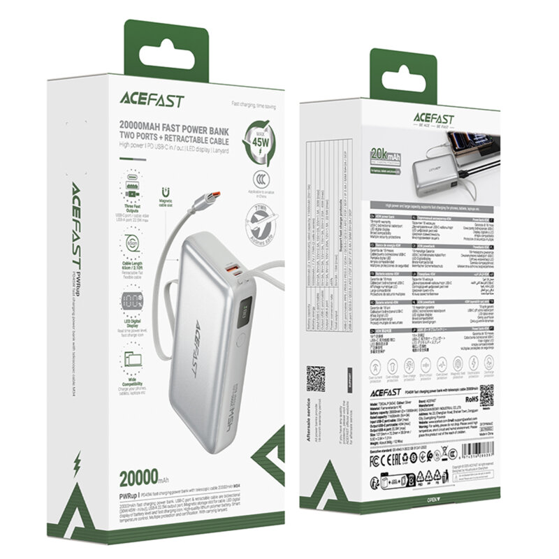Power bank cu cablu telescopic 45W Acefast M34, 20000mAh, argintiu