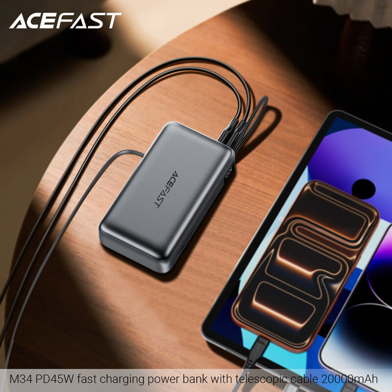 Power bank cu cablu telescopic 45W Acefast M34, 20000mAh, gri