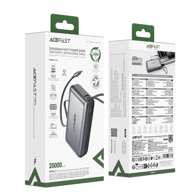 Power bank cu cablu telescopic 45W Acefast M34, 20000mAh, gri