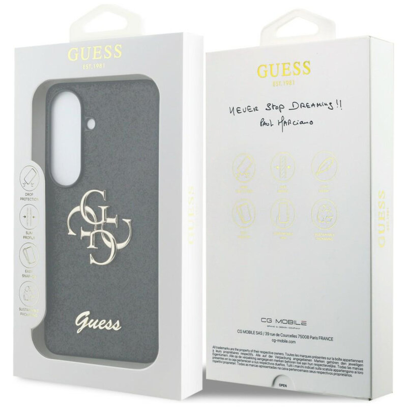 Husa Guess Fixed Glitter Big 4G Metal Logo Samsung Galaxy S26 cu sclipici, negru, GUHCS26SHG4SGK