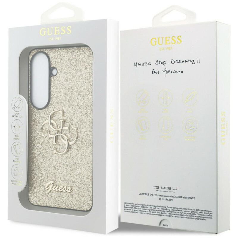 Husa Guess Fixed Glitter Big 4G Metal Logo Samsung Galaxy S26 cu sclipici, auriu, GUHCS26SHG4SGD