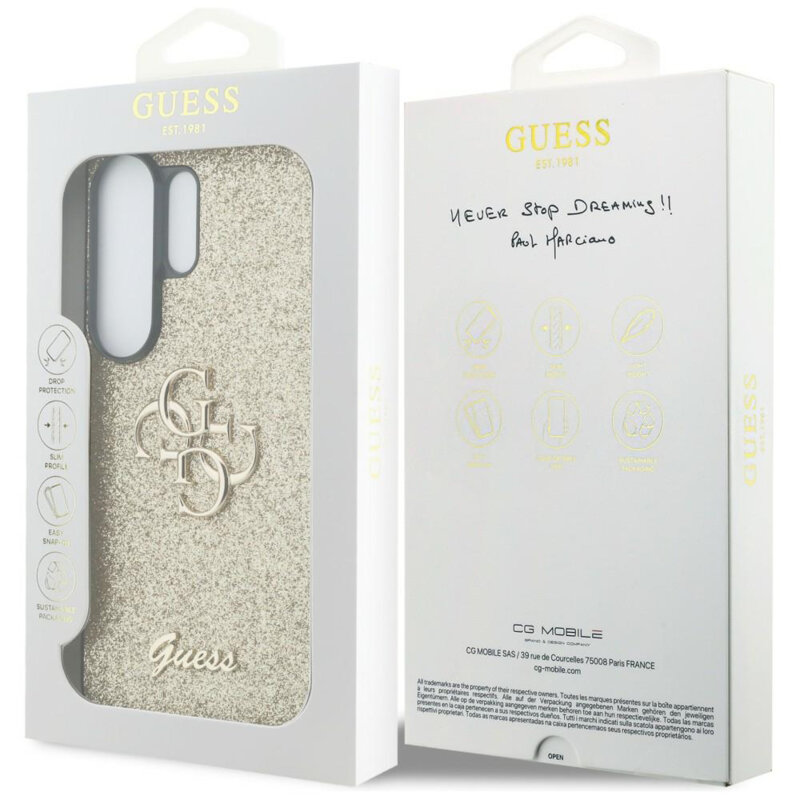 Husa Guess Fixed Glitter Big 4G Metal Logo Samsung Galaxy S26 Ultra cu sclipici, auriu, GUHCS26LHG4SGD