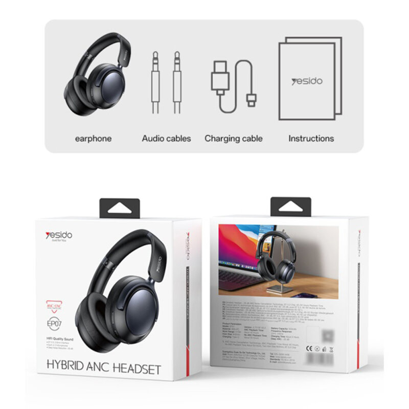 Casti over-ear Hybrid Noise Cancelling Yesido EP07, 500mAh