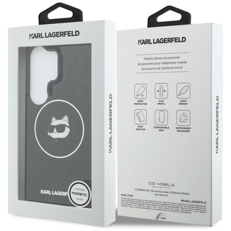 Husa Samsung Galaxy S26 Ultra Karl Lagerfeld IML Choupette Head on KL Repeated Logo MagSafe, KLHMS26LHMKBCHOK, negru