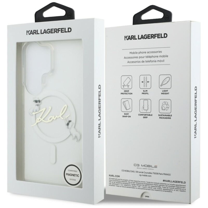 Husa Samsung Galaxy S26 Ultra Karl Lagerfeld IML Choupette Karl Script Logo MagSafe, KLHMS26L5HKSCAH, alb