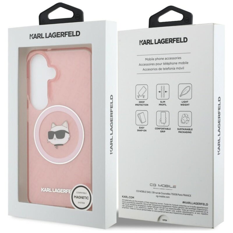 Husa Samsung Galaxy S26 Karl Lagerfeld IML Choupette Head on KL Repeated Logo MagSafe, KLHMS26SHMKBCHOP, roz