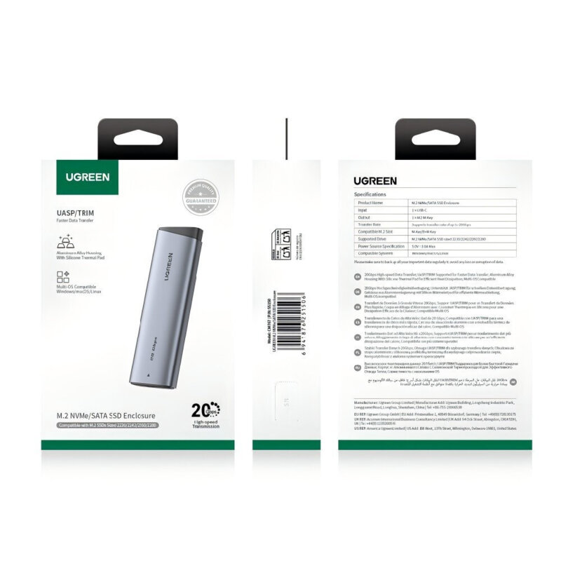 Carcasa SSD M.2 NVMe/SATA Ugreen, 20Gbps, 8TB, gri, 55150