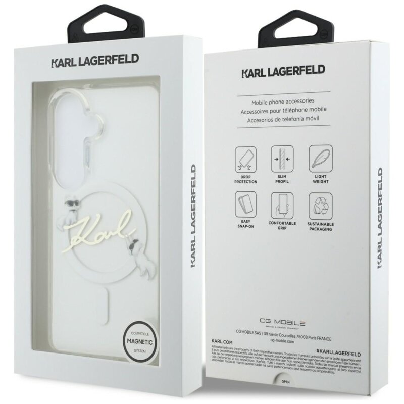 Husa Samsung Galaxy S26 Karl Lagerfeld IML Choupette Karl Script Logo MagSafe, KLHMS26S5HKSCAH, alb