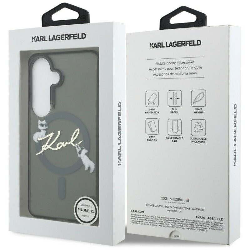 Husa Samsung Galaxy S26 Karl Lagerfeld IML Choupette Karl Script Logo MagSafe, KLHMS26S5HKSCAK, negru