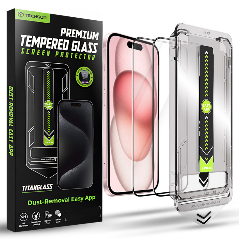 [Pachet 2x] Folie iPhone 15 Techsuit TitanGlass FullCover, negru