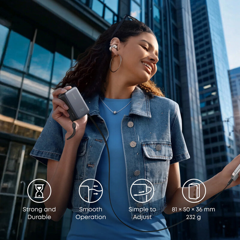 Baterie externa 10000mAh cu cablu USB-C Anker Nano, 45W, negru