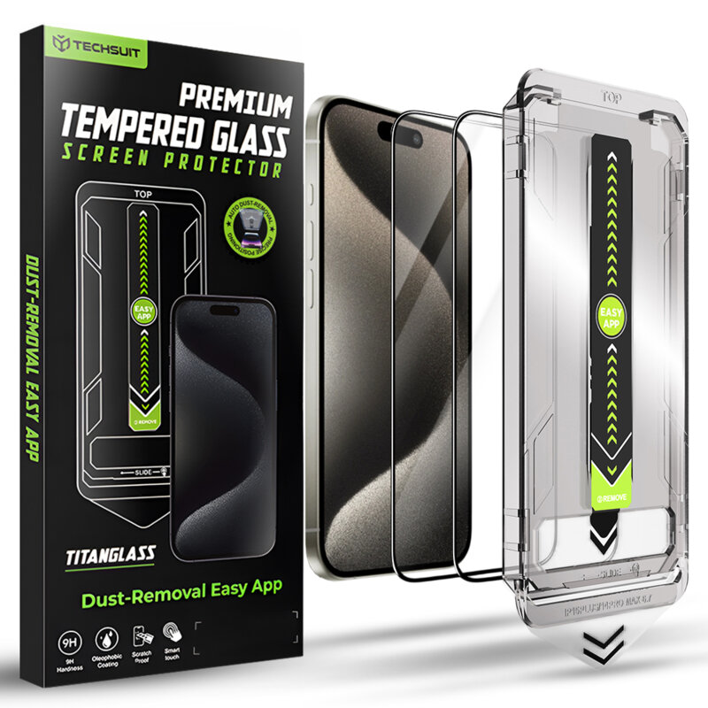 [Pachet 2x] Folie iPhone 15 Pro Max Techsuit TitanGlass FullCover, negru