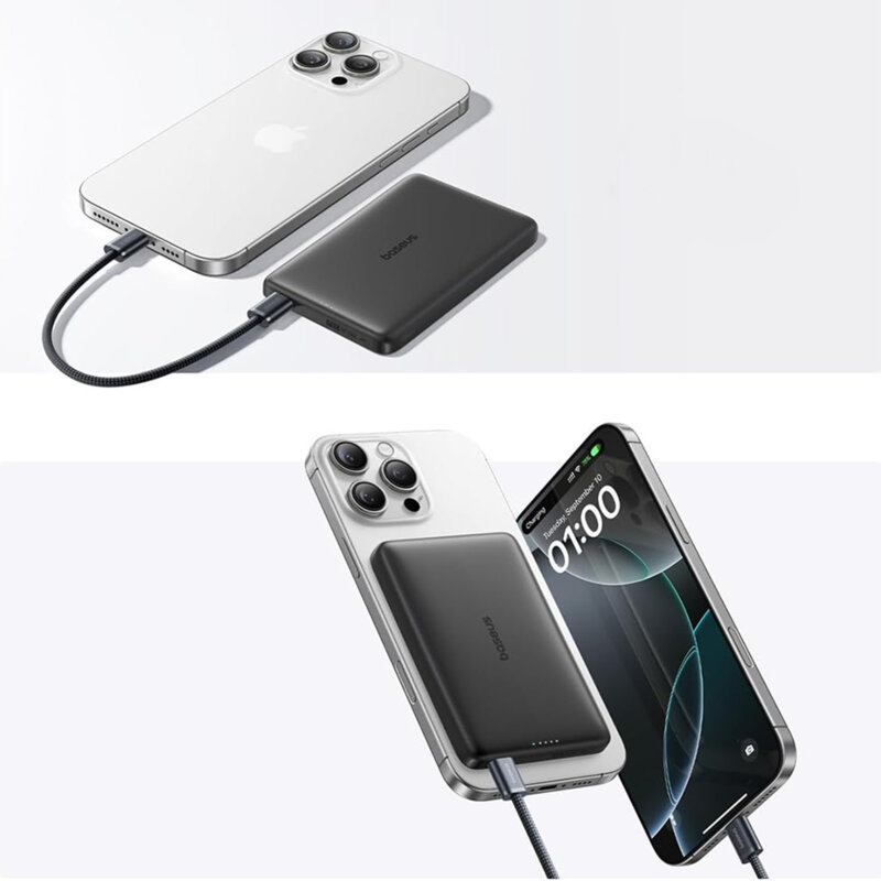 Power bank magnetic cu cablu tip C 27W, 10000mAh Baseus AM41, negru