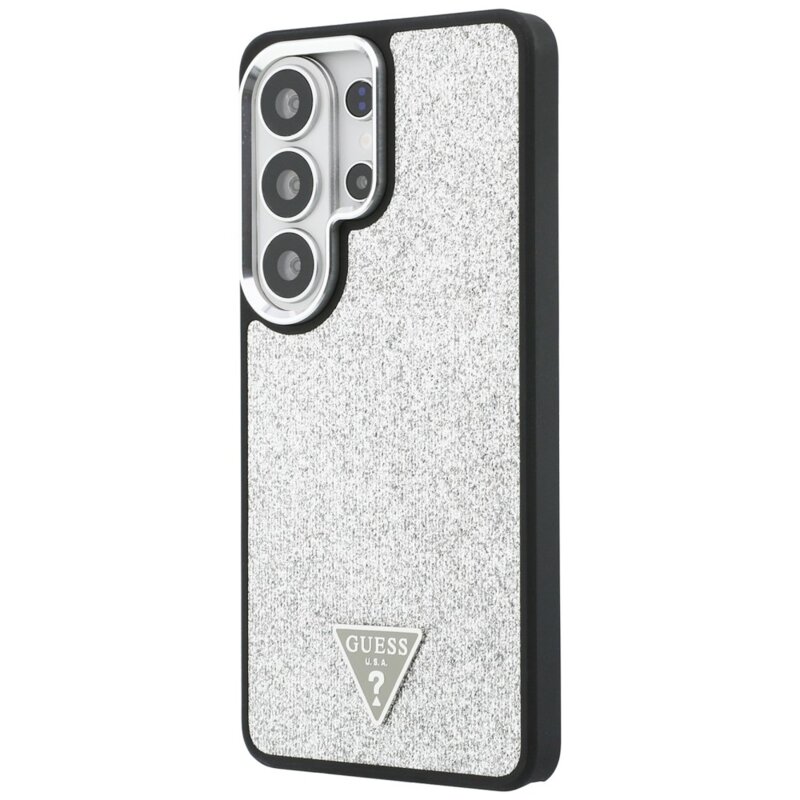 Husa Guess Fixed Glitter Triangle Logo MagSafe Samsung Galaxy S26 Ultra cu sclipici, gri, GUHMS26LPFGTSCMS