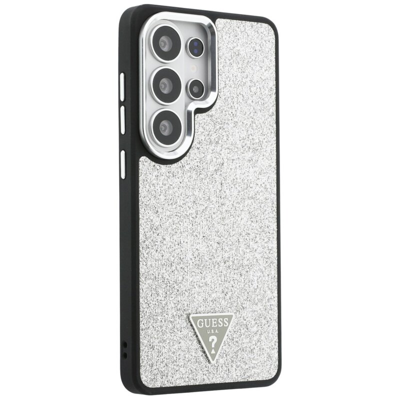 Husa Guess Fixed Glitter Triangle Logo MagSafe Samsung Galaxy S26 Ultra cu sclipici, gri, GUHMS26LPFGTSCMS