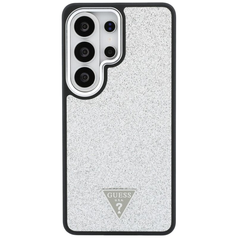 Husa Guess Fixed Glitter Triangle Logo MagSafe Samsung Galaxy S26 Ultra cu sclipici, gri, GUHMS26LPFGTSCMS