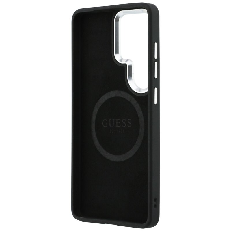 Husa Guess Fixed Glitter Triangle Logo MagSafe Samsung Galaxy S26 Ultra cu sclipici, gri, GUHMS26LPFGTSCMS