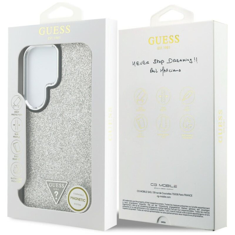 Husa Guess Fixed Glitter Triangle Logo MagSafe Samsung Galaxy S26 Ultra cu sclipici, gri, GUHMS26LPFGTSCMS