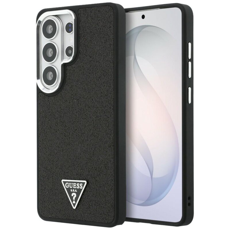 Husa Guess Fixed Glitter Triangle Logo MagSafe Samsung Galaxy S26 Ultra cu sclipici, negru, GUHMS26LPFGTSCMK