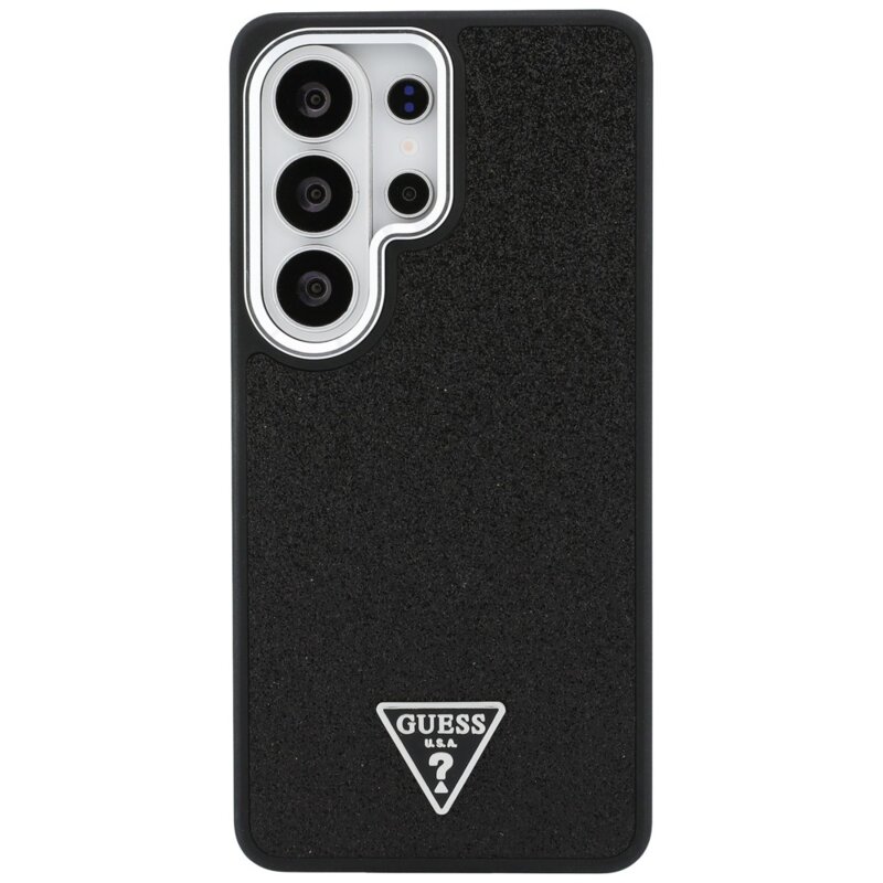 Husa Guess Fixed Glitter Triangle Logo MagSafe Samsung Galaxy S26 Ultra cu sclipici, negru, GUHMS26LPFGTSCMK