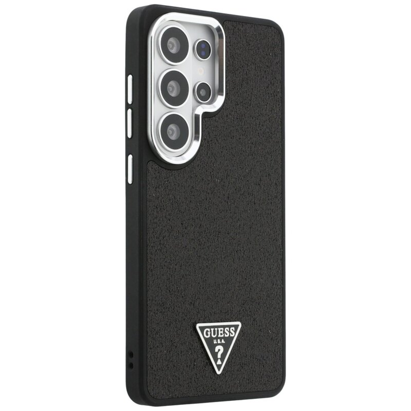 Husa Guess Fixed Glitter Triangle Logo MagSafe Samsung Galaxy S26 Ultra cu sclipici, negru, GUHMS26LPFGTSCMK