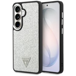 Husa Guess Fixed Glitter Triangle Logo MagSafe Samsung Galaxy S26 cu sclipici, gri, GUHMS26SPFGTSCMS