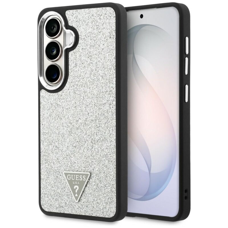 Husa Guess Fixed Glitter Triangle Logo MagSafe Samsung Galaxy S26 cu sclipici, gri, GUHMS26SPFGTSCMS