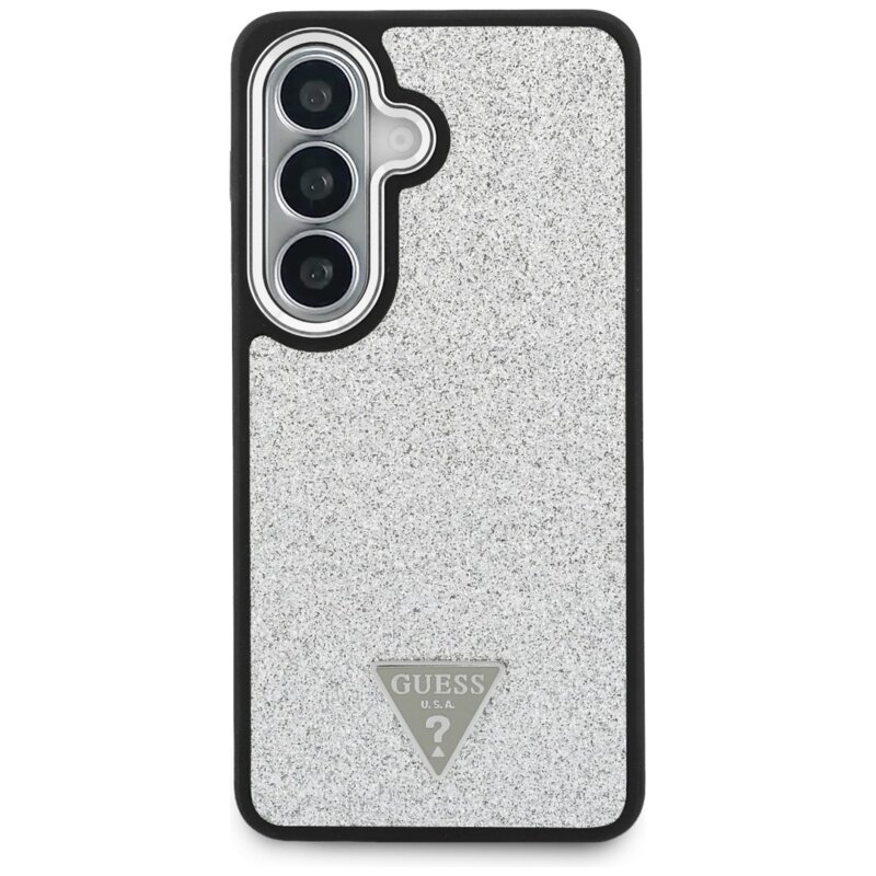 Husa Guess Fixed Glitter Triangle Logo MagSafe Samsung Galaxy S26 cu sclipici, gri, GUHMS26SPFGTSCMS