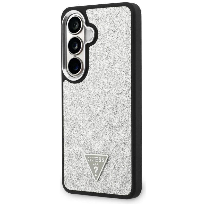 Husa Guess Fixed Glitter Triangle Logo MagSafe Samsung Galaxy S26 cu sclipici, gri, GUHMS26SPFGTSCMS