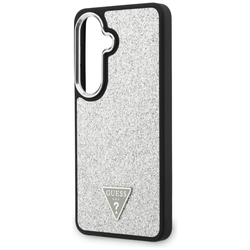 Husa Guess Fixed Glitter Triangle Logo MagSafe Samsung Galaxy S26 cu sclipici, gri, GUHMS26SPFGTSCMS