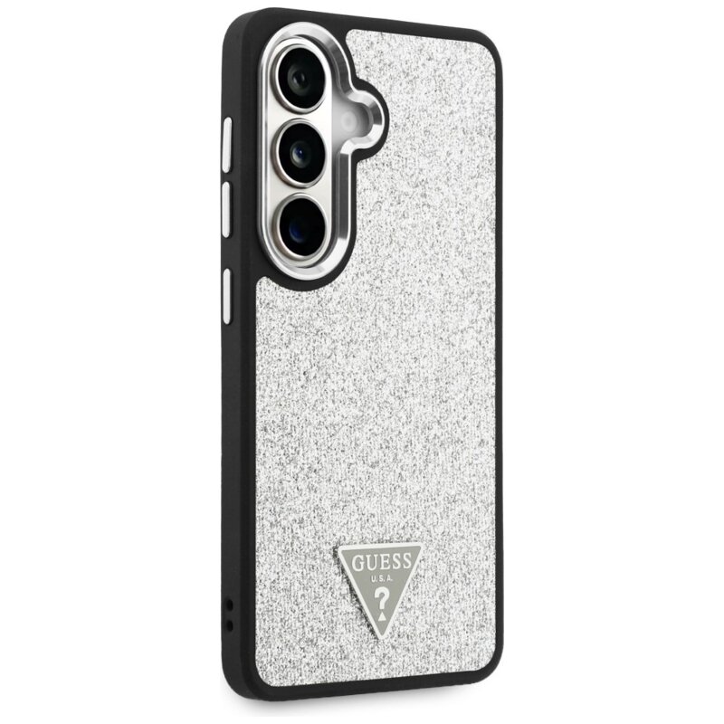 Husa Guess Fixed Glitter Triangle Logo MagSafe Samsung Galaxy S26 cu sclipici, gri, GUHMS26SPFGTSCMS