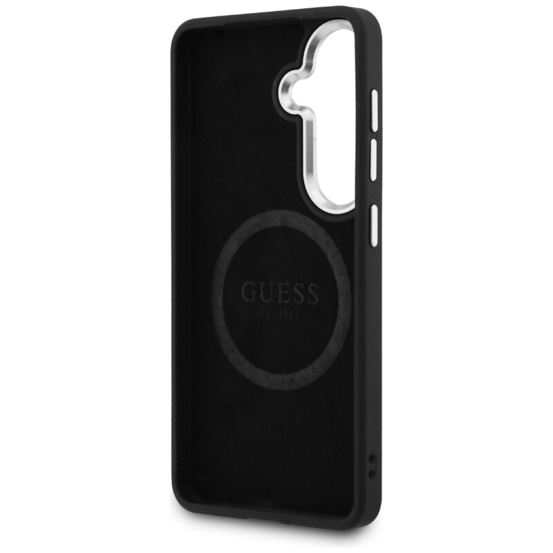 Husa Guess Fixed Glitter Triangle Logo MagSafe Samsung Galaxy S26 cu sclipici, gri, GUHMS26SPFGTSCMS