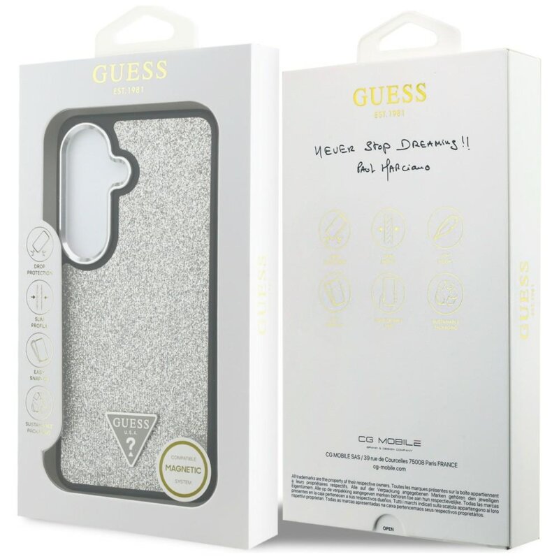 Husa Guess Fixed Glitter Triangle Logo MagSafe Samsung Galaxy S26 cu sclipici, gri, GUHMS26SPFGTSCMS