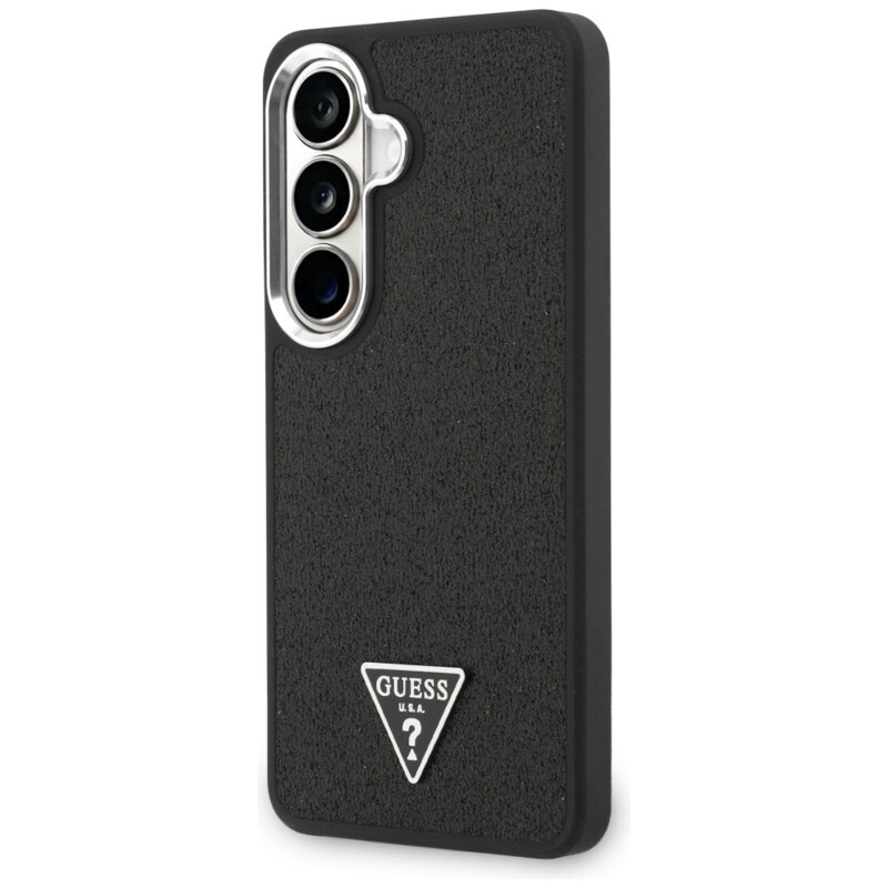 Husa Guess Fixed Glitter Triangle Logo MagSafe Samsung Galaxy S26 cu sclipici, negru, GUHMS26SPFGTSCMK
