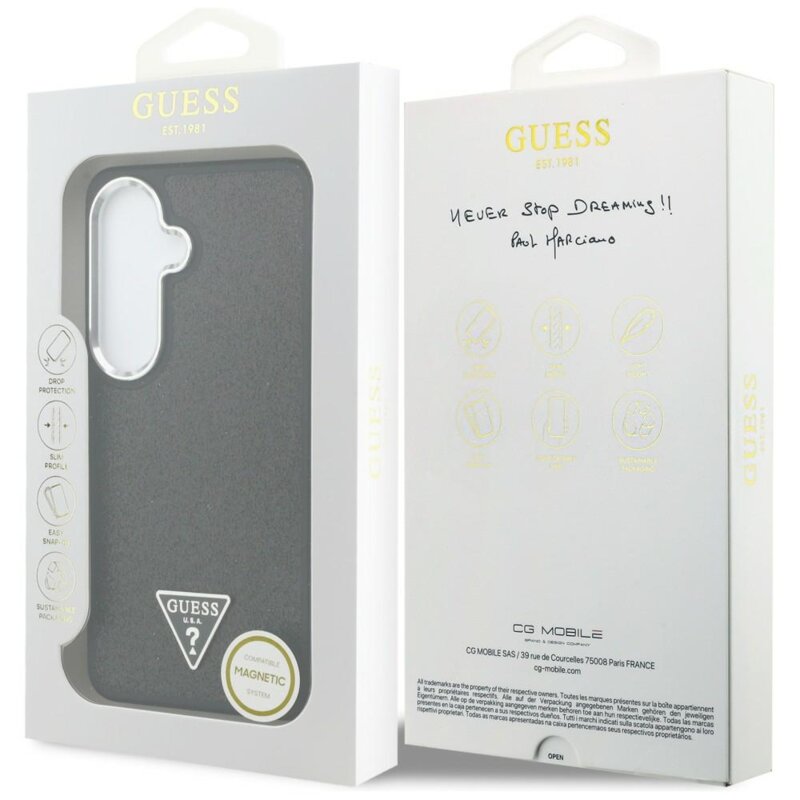 Husa Guess Fixed Glitter Triangle Logo MagSafe Samsung Galaxy S26 cu sclipici, negru, GUHMS26SPFGTSCMK