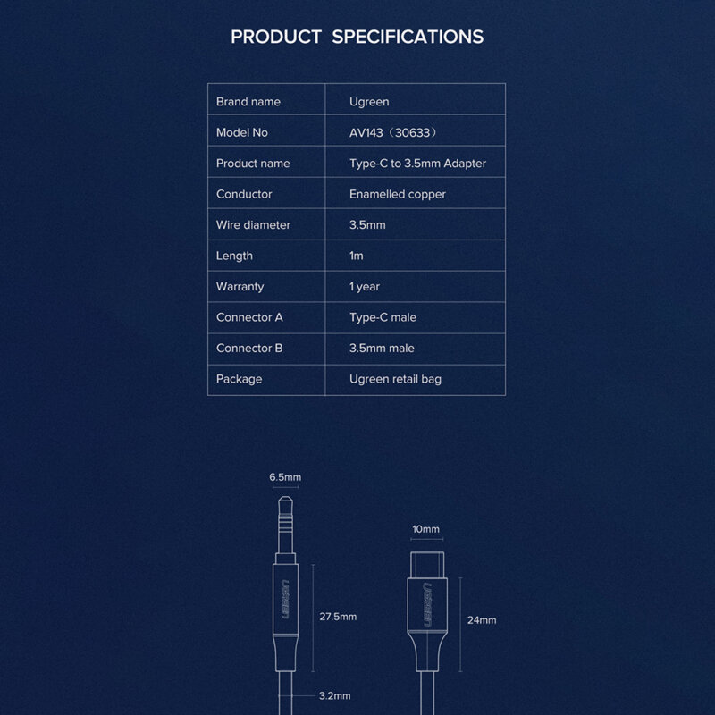 Cablu audio Ugreen AV143, adaptor auxiliar Type-C la Jack 3,5mm, 1m, cenusiu, 30633