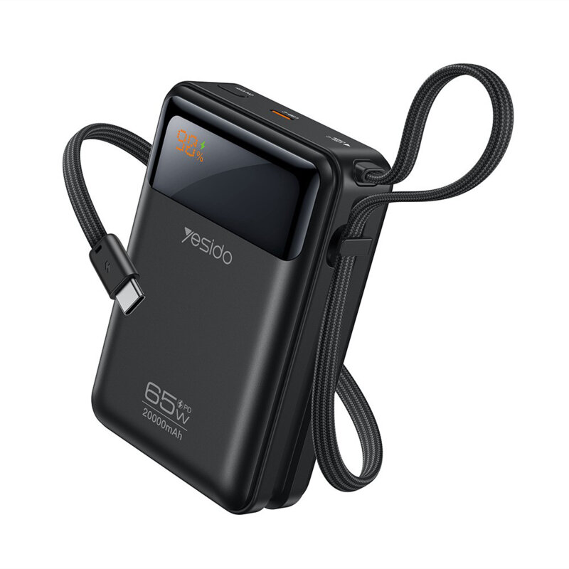Baterie externa 20000mAh Fast Charge cu cablu, LED Yesido, gri